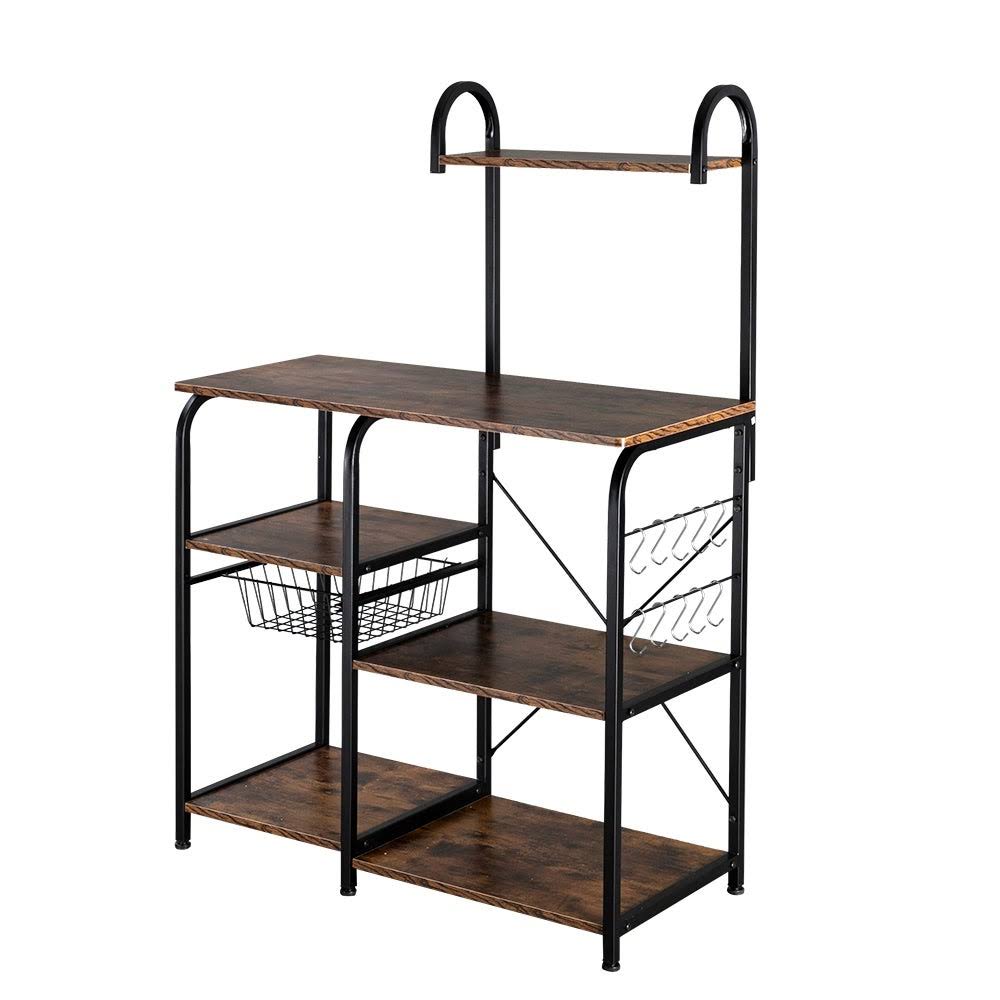 4-Tier Kitchen Baker's Rack Storage Shelf with 10 Hooks Deep Brown N273
