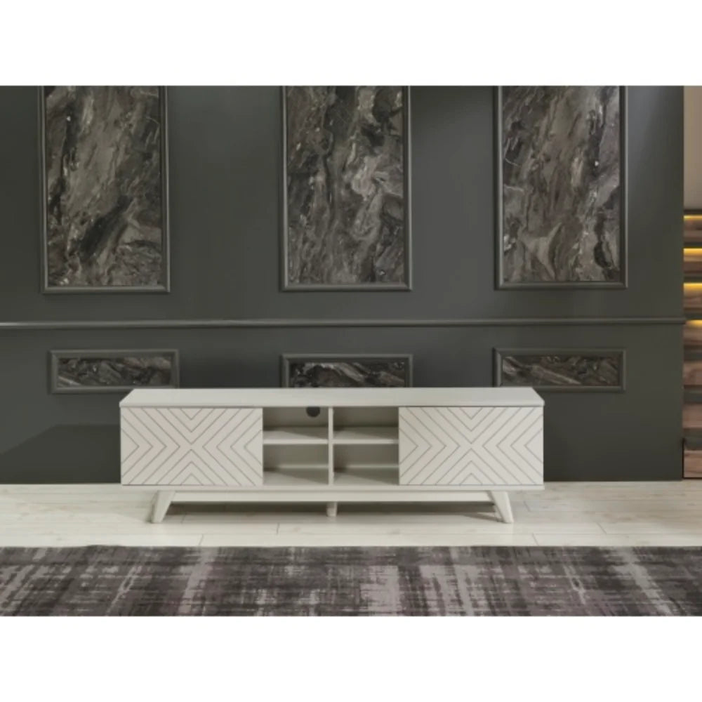 Mid Century Modern Tv Stand 2 Door Cabinet 4 Cubby Hole Shelves 67 inch Tv Unit, Grey F219