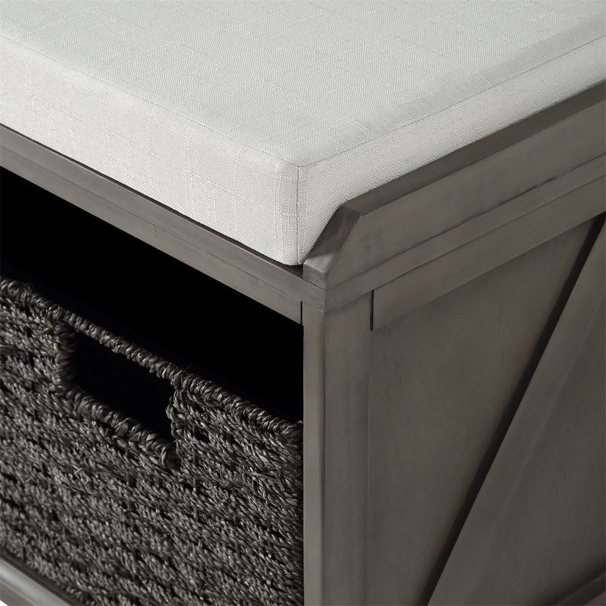 White Wood Storage Bench with 2 Woven Baskets F27569