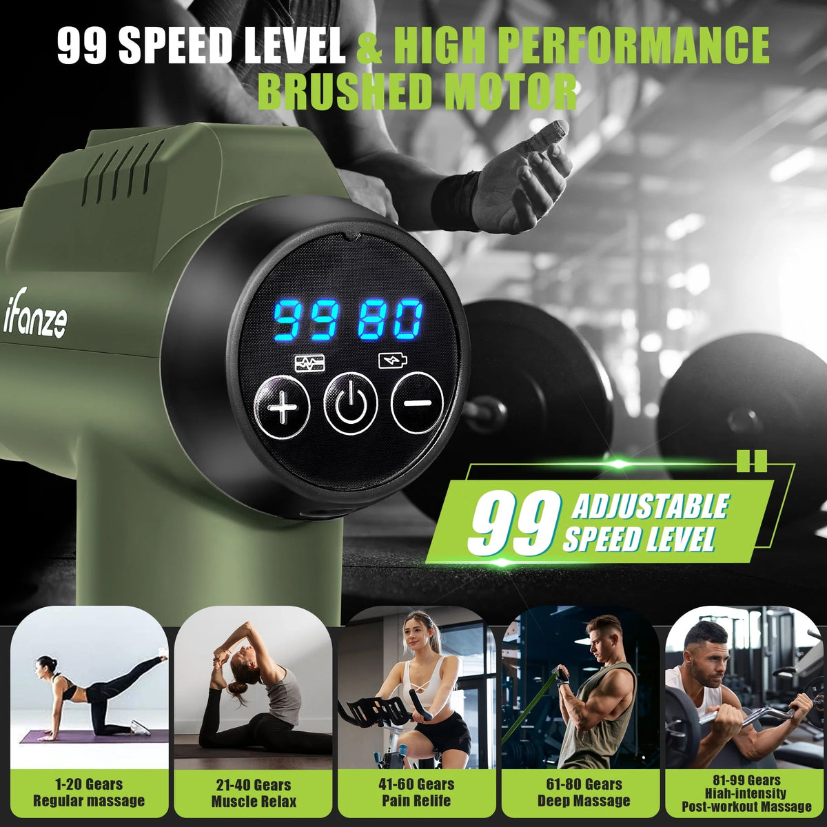 Black 99 Speeds Handheld Deep Tissue Massage Gun with 8 Replacement Heads J98396