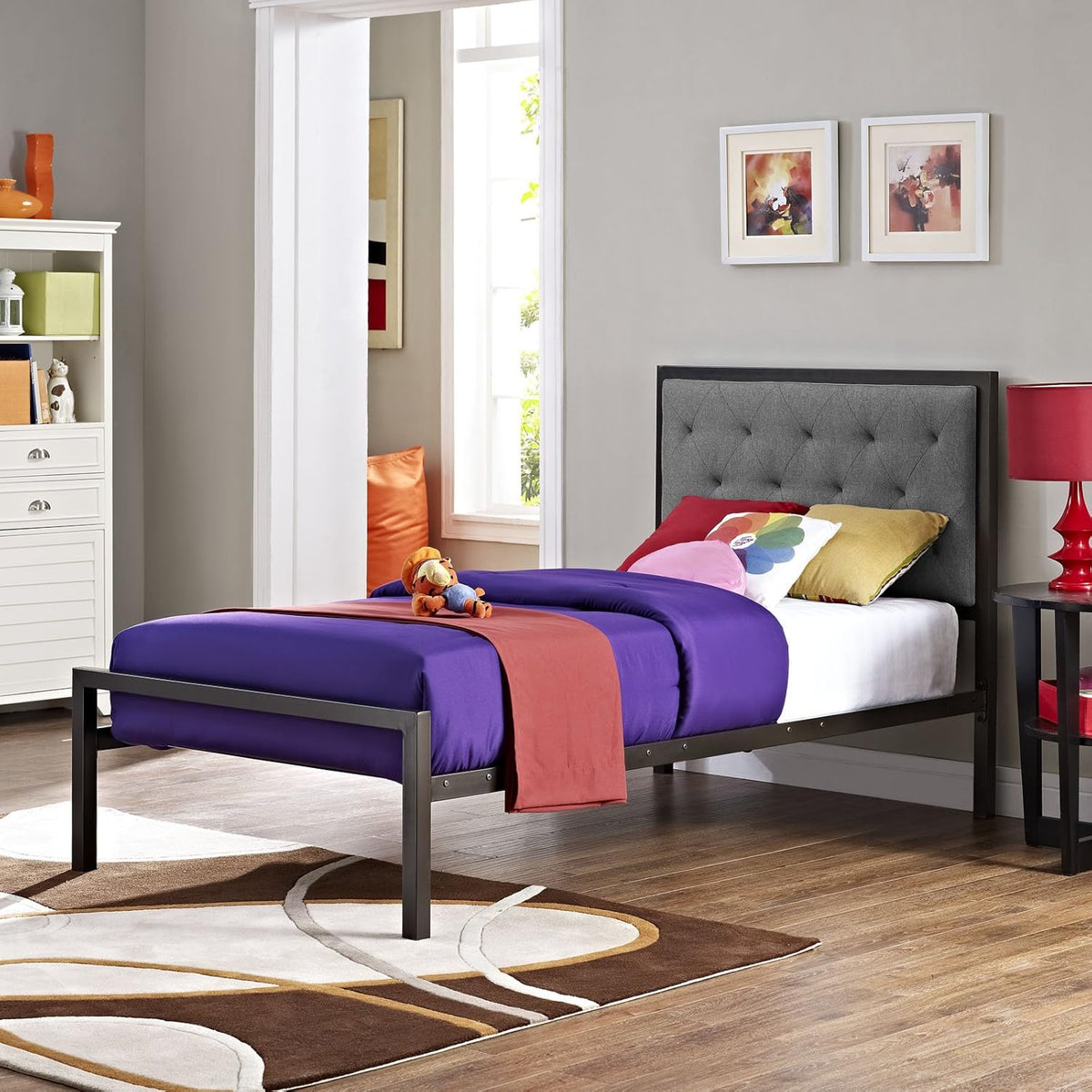 Twin Size Grey Fabric Bed Frame P31104