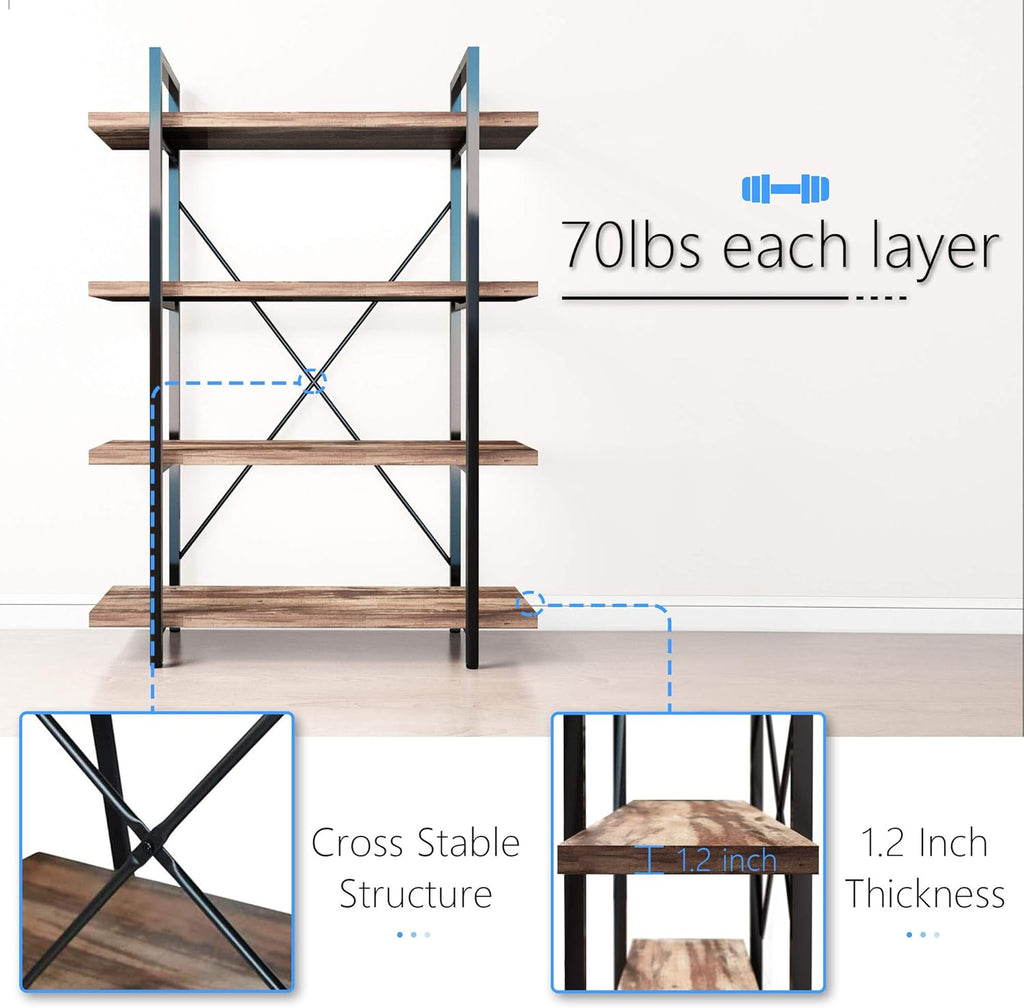Vintage Brown 4-Tier Metal and Wood Bookshelf K4290