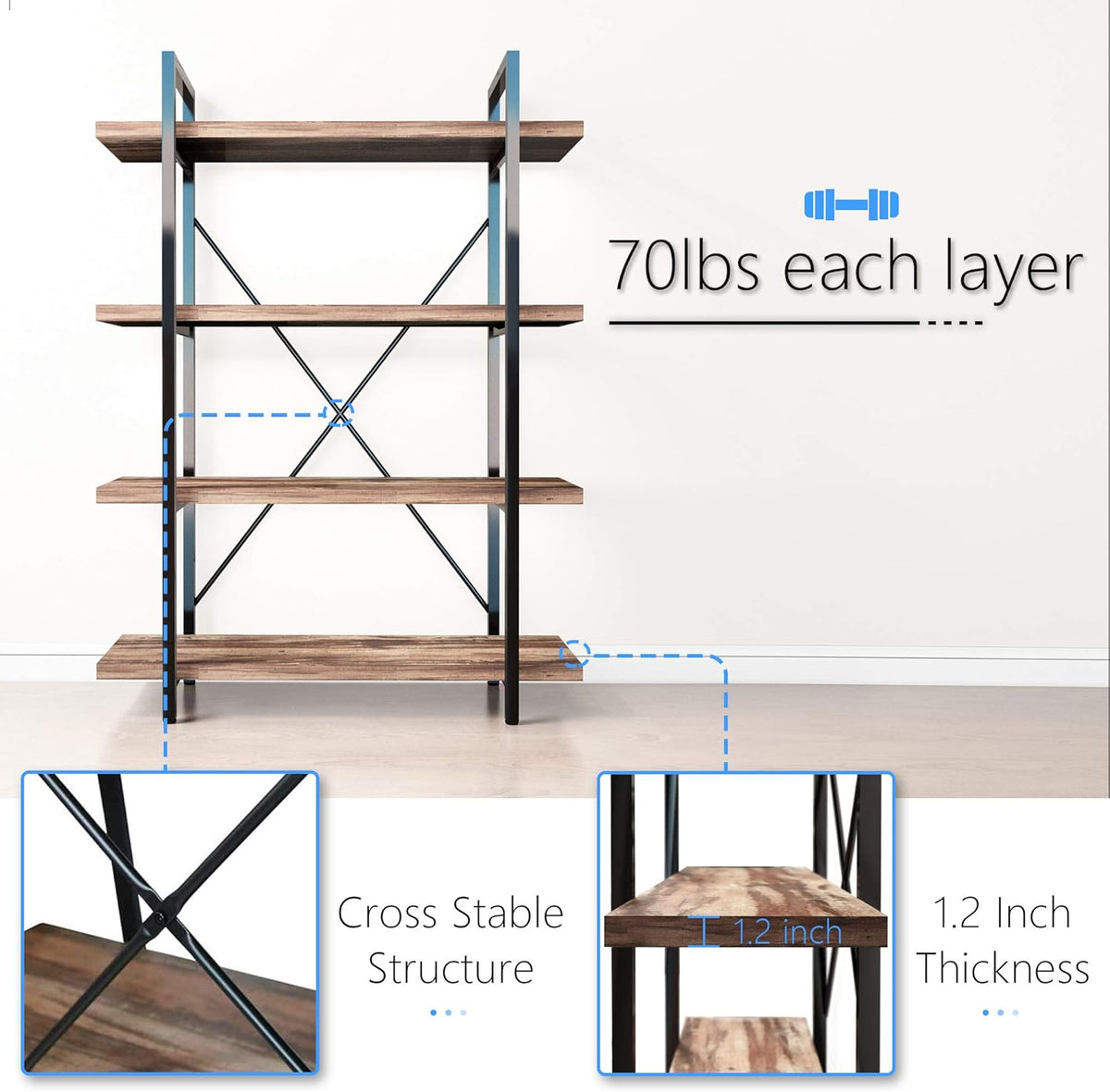 Vintage Brown 4-Tier Metal and Wood Bookshelf K4290