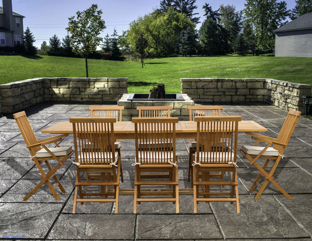 9 Piece Teak Wood Patio Dining Set with Extension Table and Folding Chairs V58195