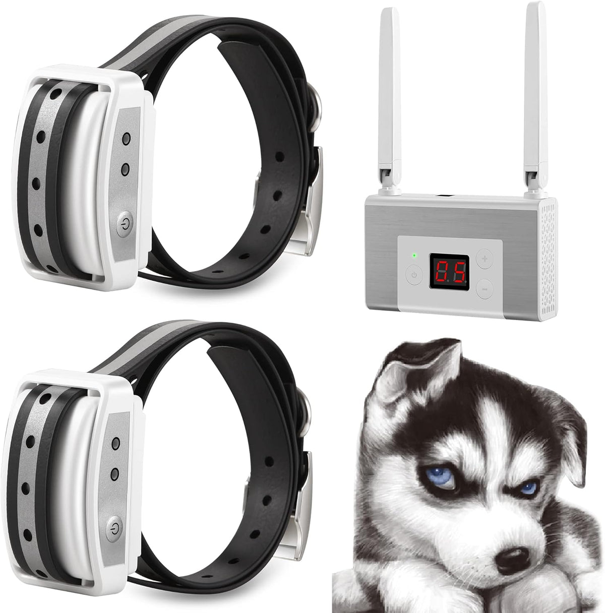 White Wireless Dog Fence System with Rechargeable Training Collar for 2 Dogs Z131