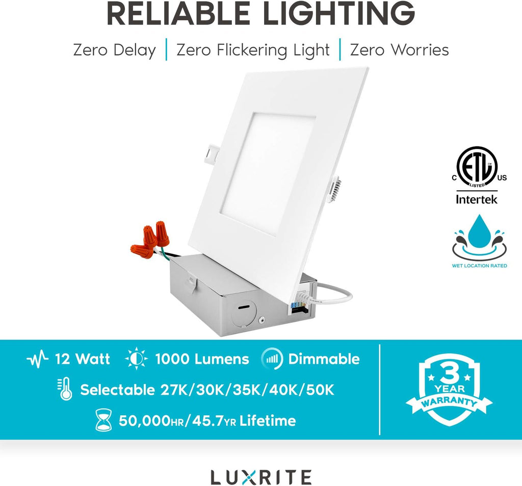 6 Inch Square LED Recessed Lighting, 12W, 1000 Lumens, 4 Pack S632