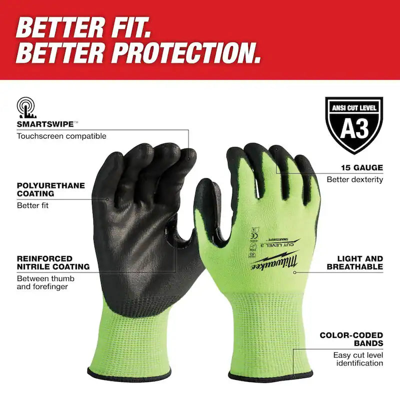 XX-Large High Visibility Cut Resistant Polyurethane Dipped Work Gloves C98374