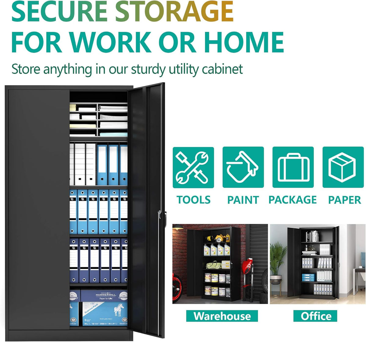 Black Lockable Metal Storage Cabinet with 4 Adjustable Shelves V300656