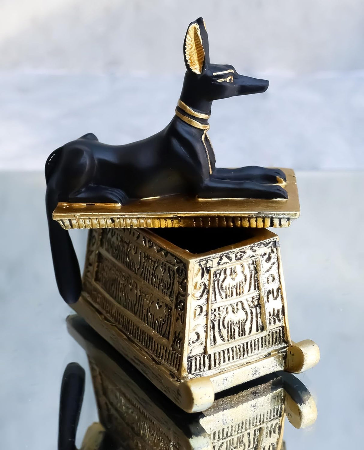 Black And Gold Finish Anubis Dog Cartouche Box Figurine I608