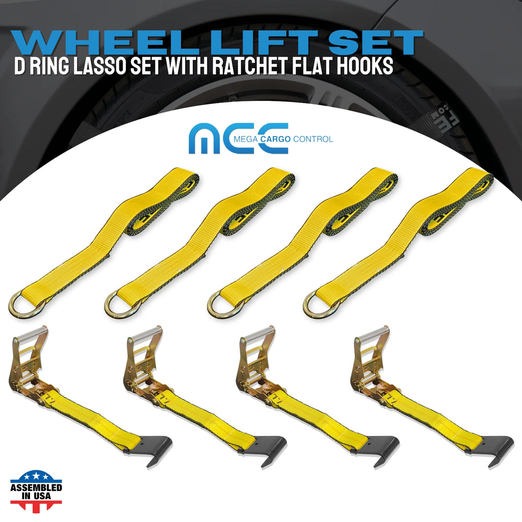 4 Pack 2" x 10' Side Mount Wheel Net Tie Down Ratchet Lasso Strap Flat Hook Yellow L87973