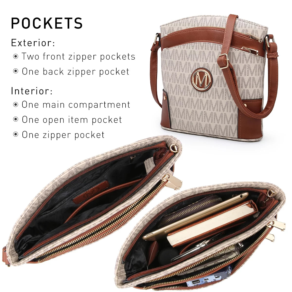 Large Triple Zip Pocket Crossbody Bag V83524
