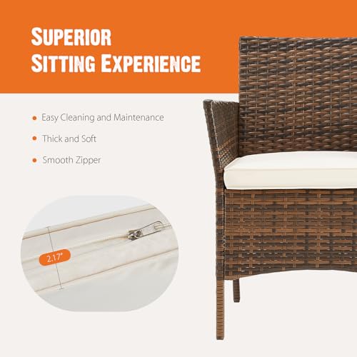 3 Pieces Wicker Rattan Patio Furniture Set with Cushion and Glass Table J98192