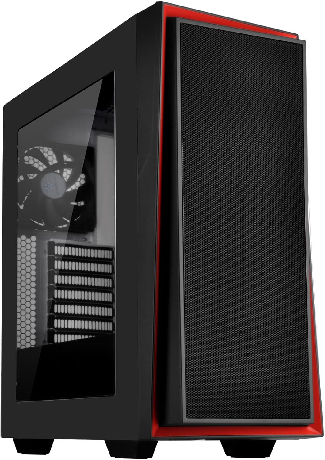 ATX Tower Computer Case with Three 120mm Red LED Intake Fans in Black and Red with Side Panel Window G3385