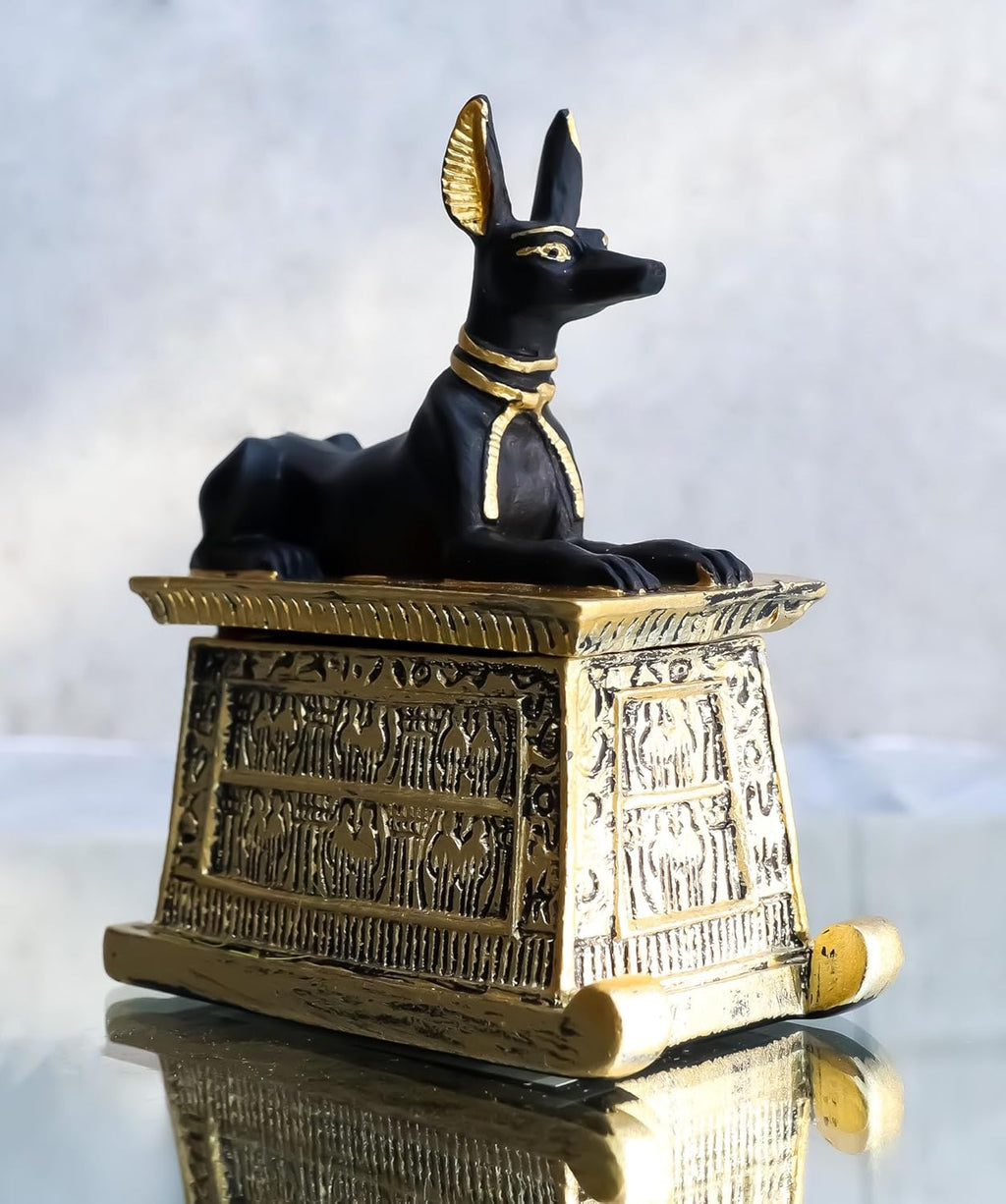 Black And Gold Finish Anubis Dog Cartouche Box Figurine I608