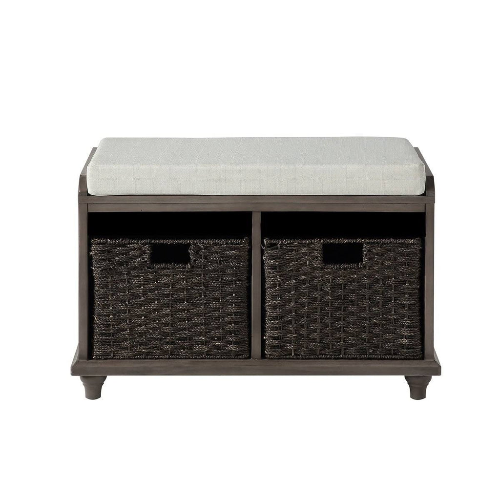 White Wood Storage Bench with 2 Woven Baskets F27569