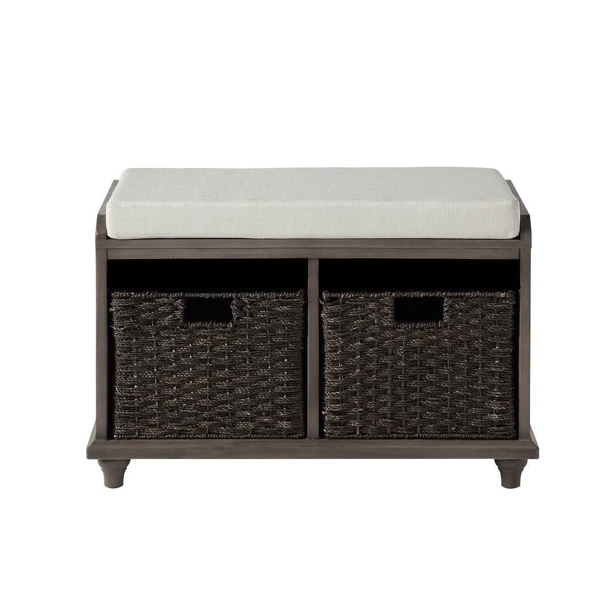White Wood Storage Bench with 2 Woven Baskets F27569