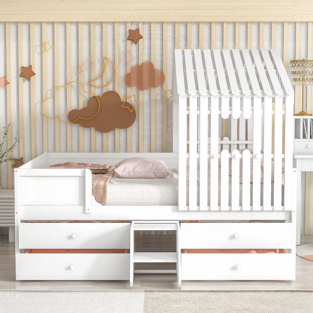 White Full Size Low Loft Bed with 4 Drawers M28242