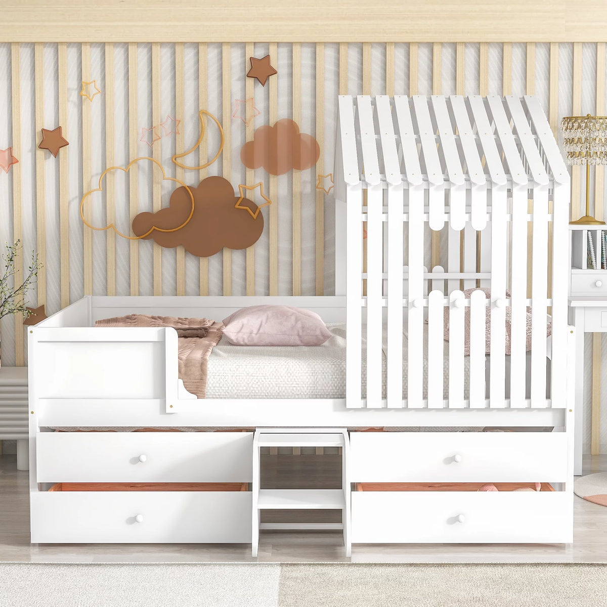 White Full Size Low Loft Bed with 4 Drawers M28242