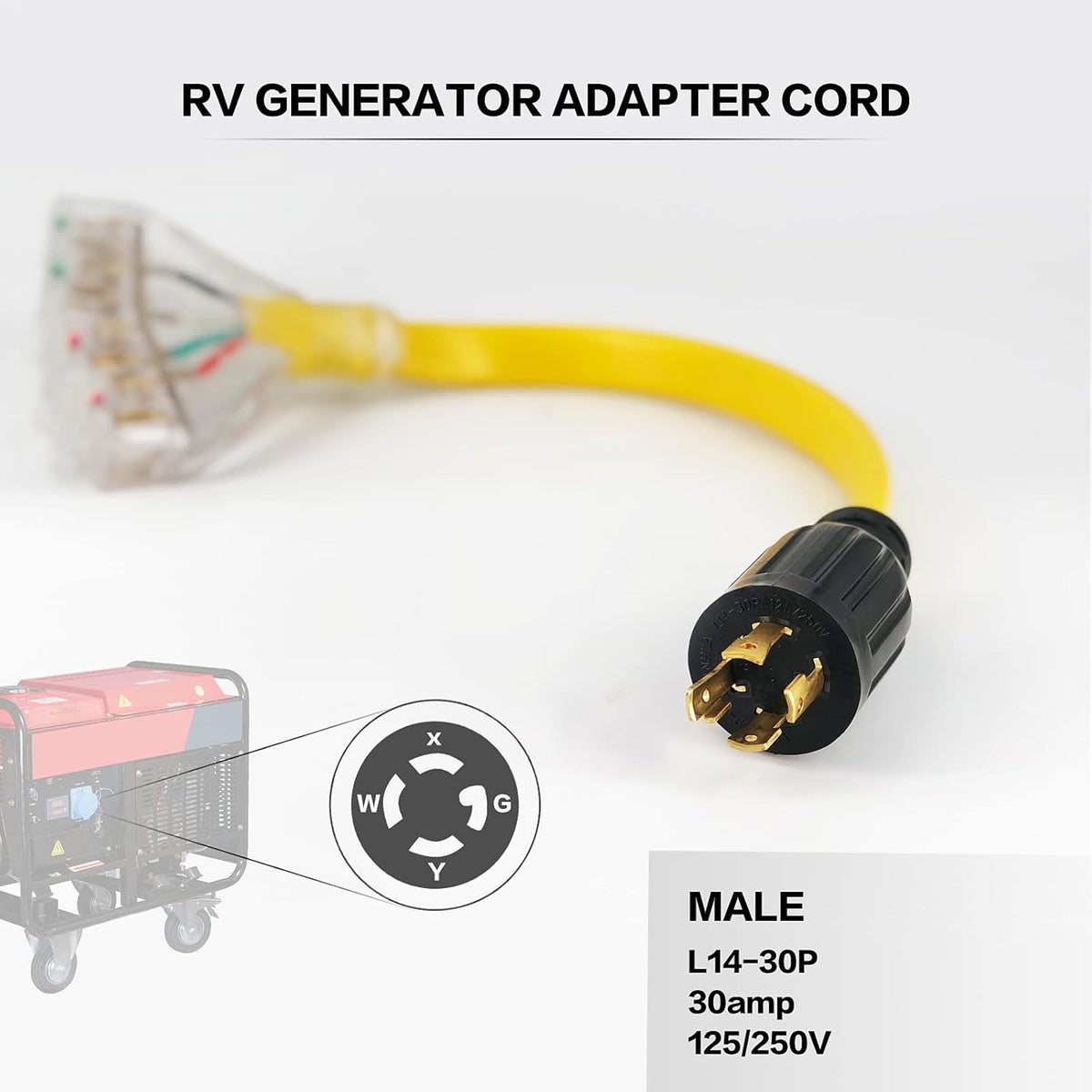 4 Prong 30 Amp to 30 Amp RV Generator Adapter Cord with LED Power Indicator 12 Inch STW 10/3 Yellow T243