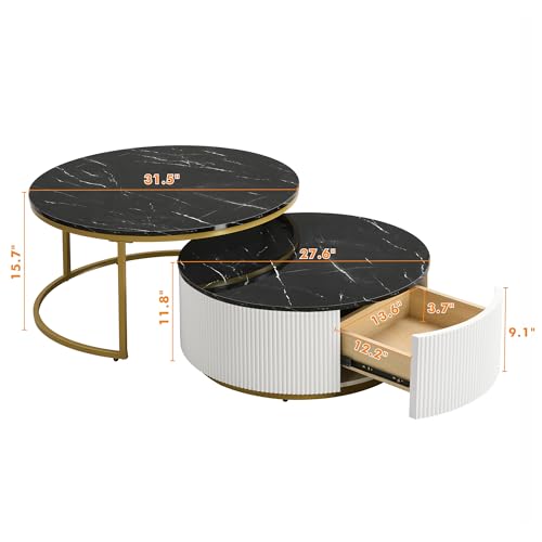 White Gold Round Nesting Coffee Table with Drawer F12299