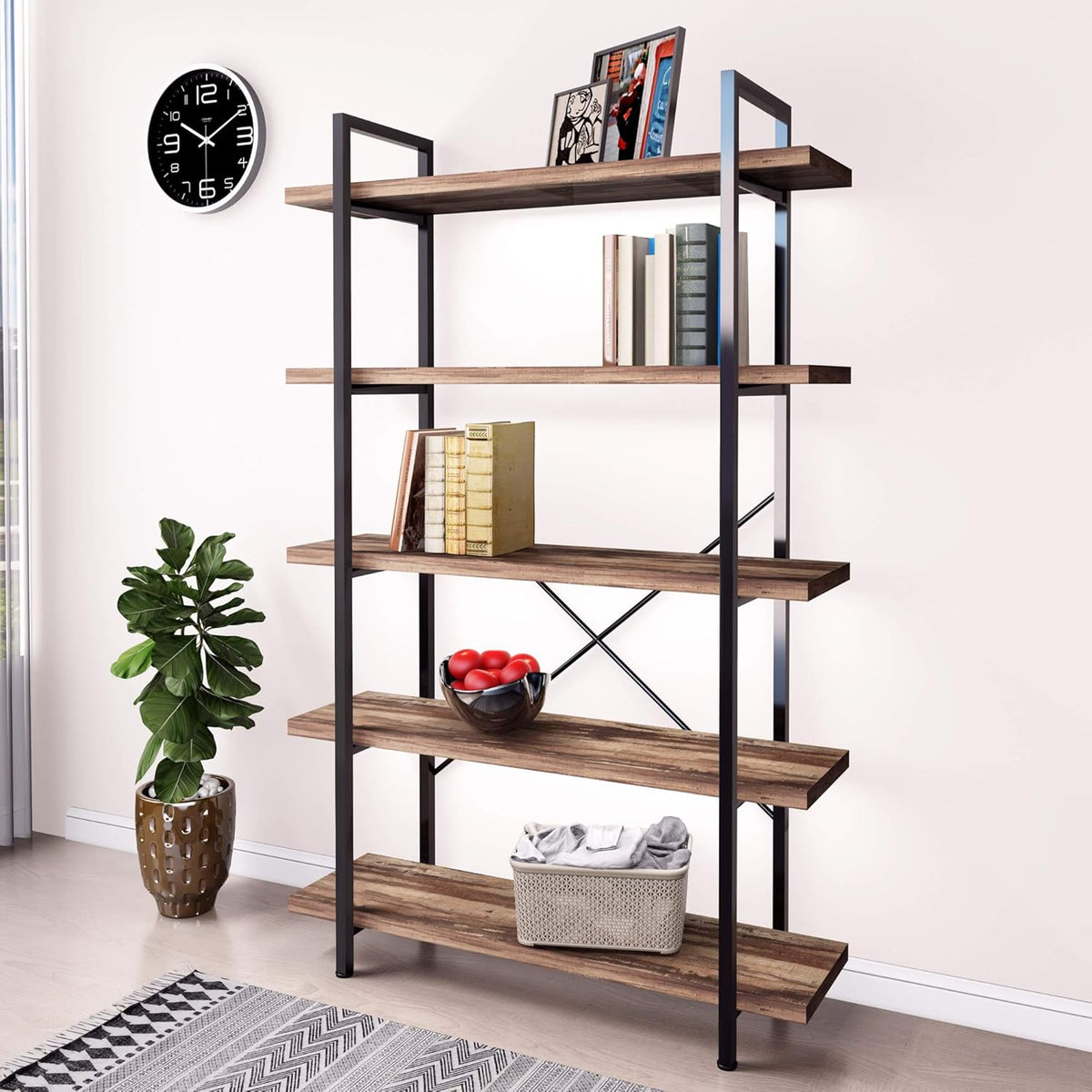 Vintage Brown 4-Tier Metal and Wood Bookshelf K4290
