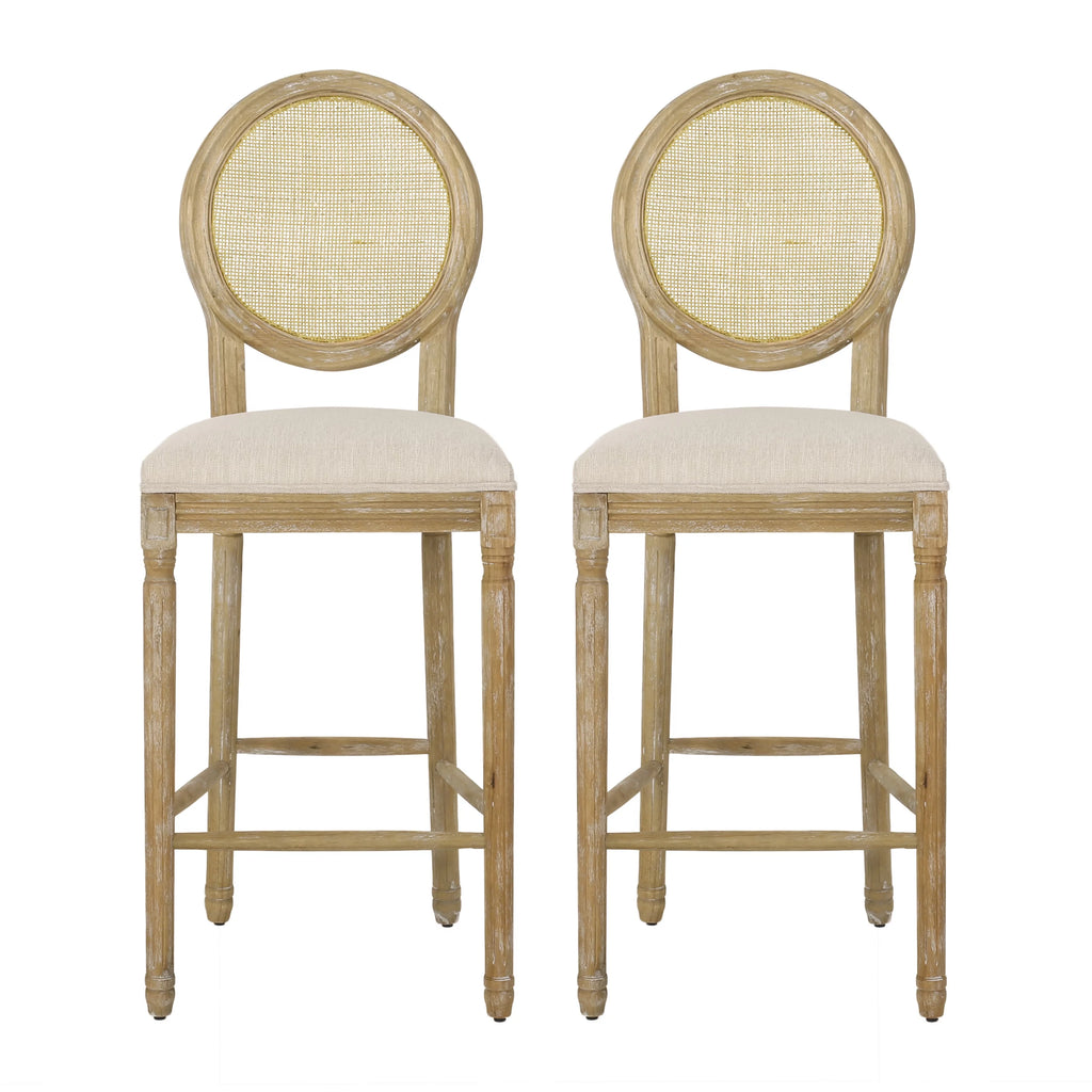 Fabric Upholstered Wood and Cane Barstools, Set of 2 R94574