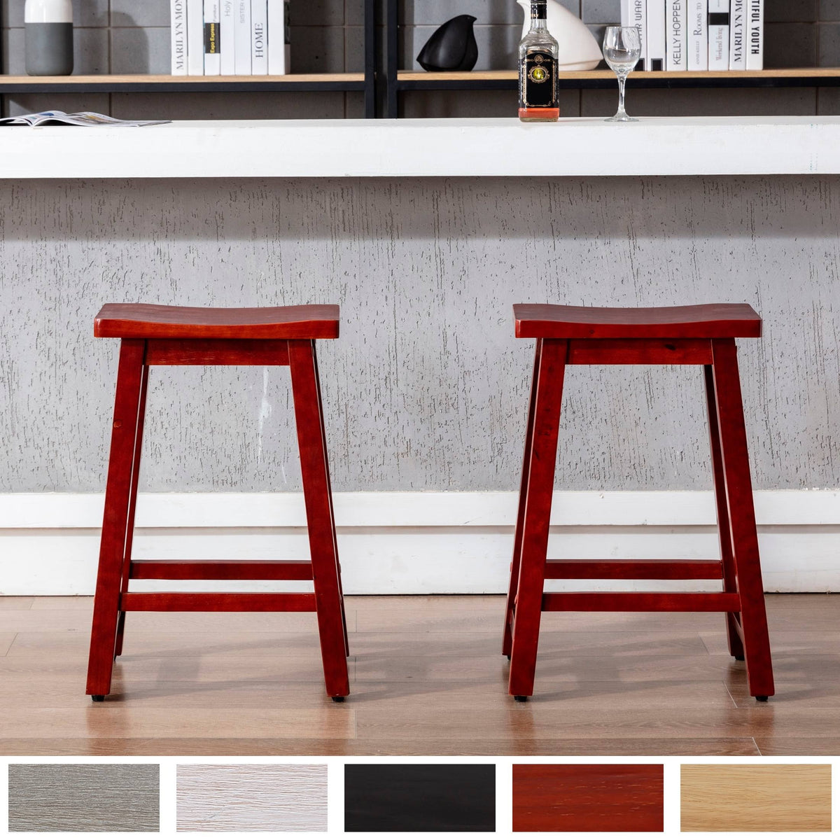 White Solid Wood Saddle Bar Stool, Set of 2 H377433