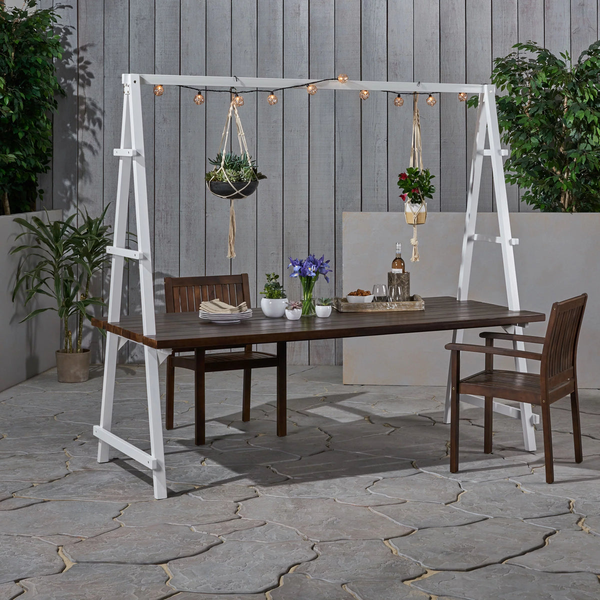 Acacia Wood Dining Table with Iron Plant Hanger L29499