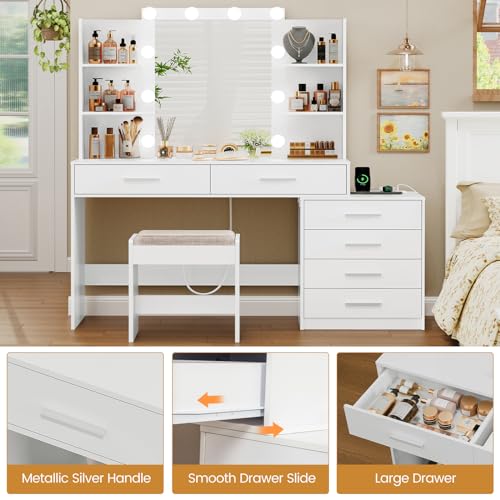 Large White Vanity Desk with Lighted Mirror and Power Outlet P130