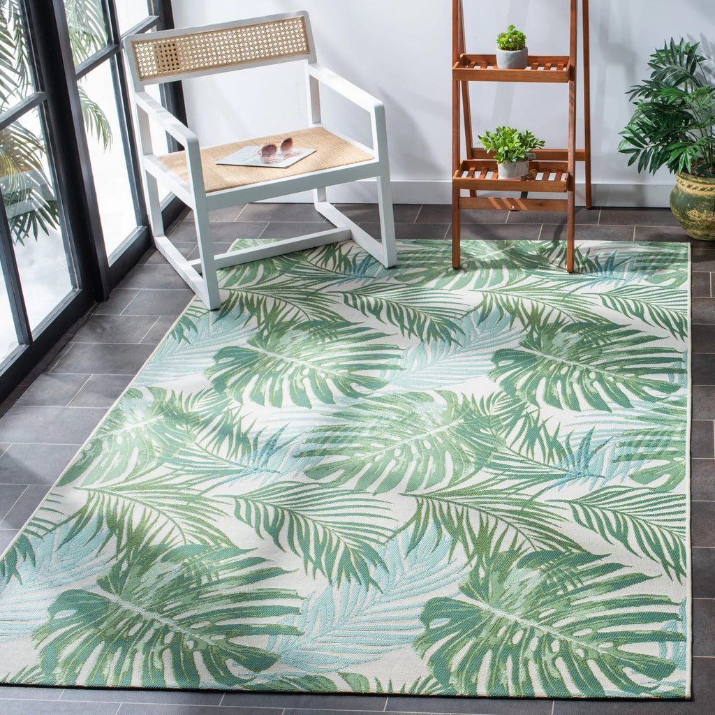 Green/Teal Tropical Palm Leaves Outdoor Area Rug X29689
