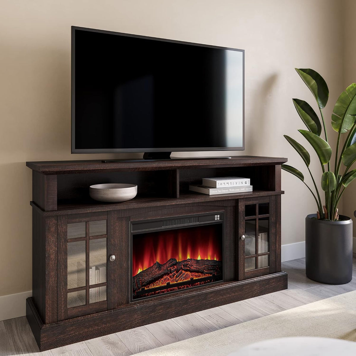 Rustic Wood TV Stand with Open Storage Shelves and Cabinets L104