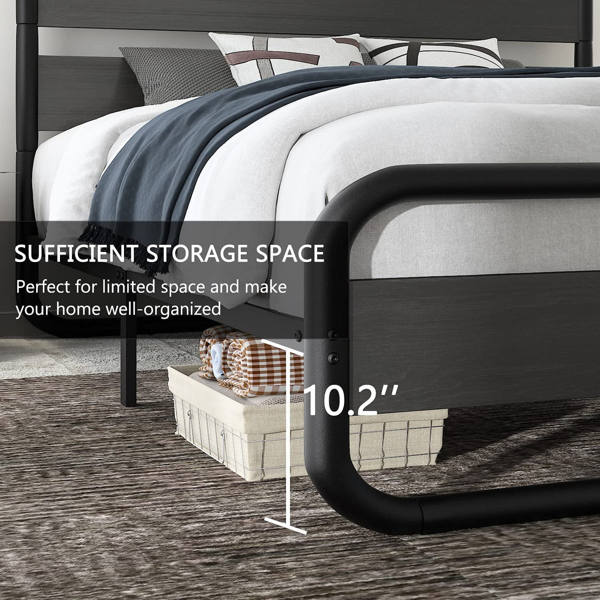 Full Size Metal Platform Bed Frame with Wooden Headboard & Footboard, Black E354
