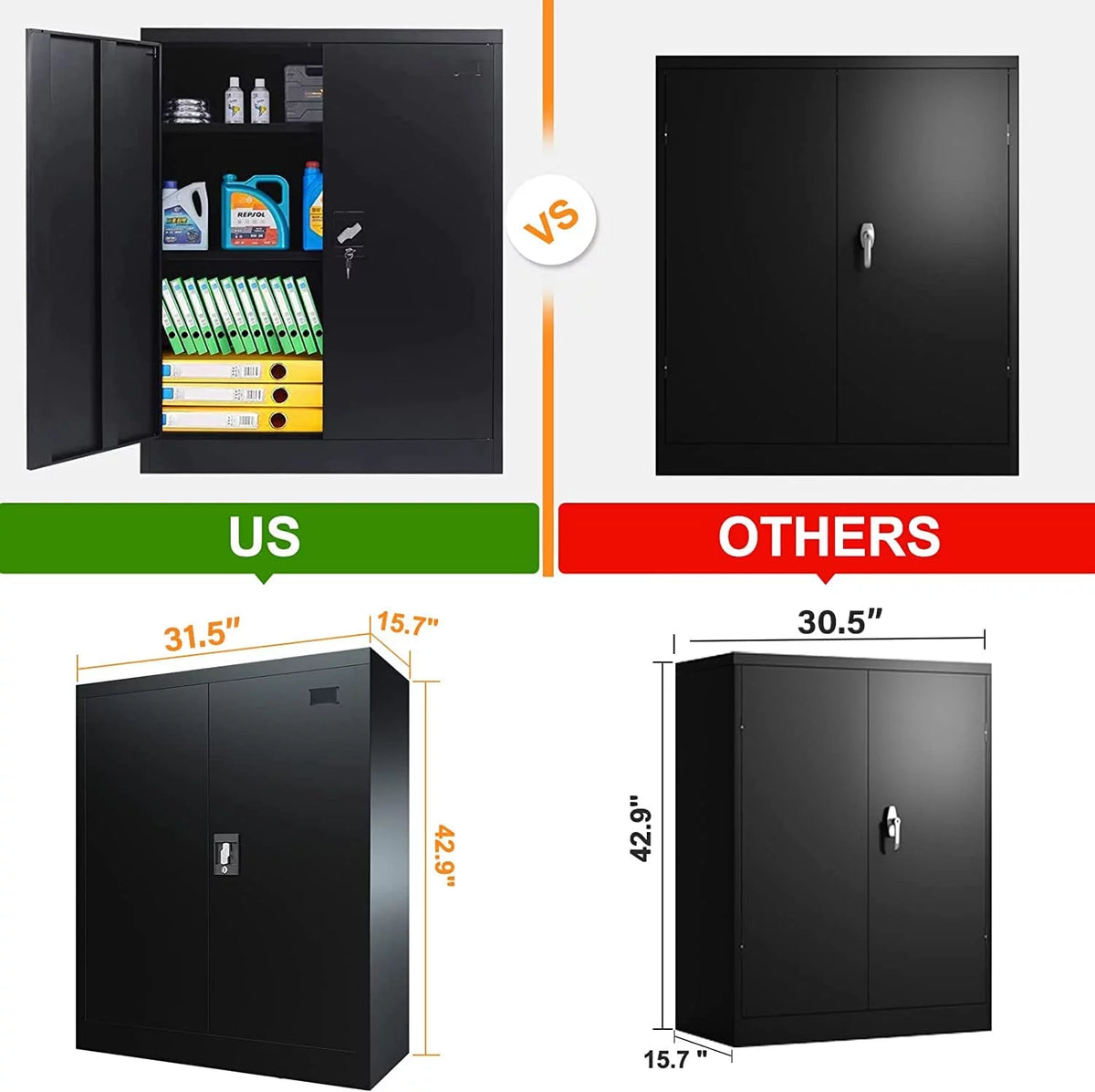 42-Inch Black Lockable Metal Storage Cabinet with Doors & 2 Adjustable Shelves W462