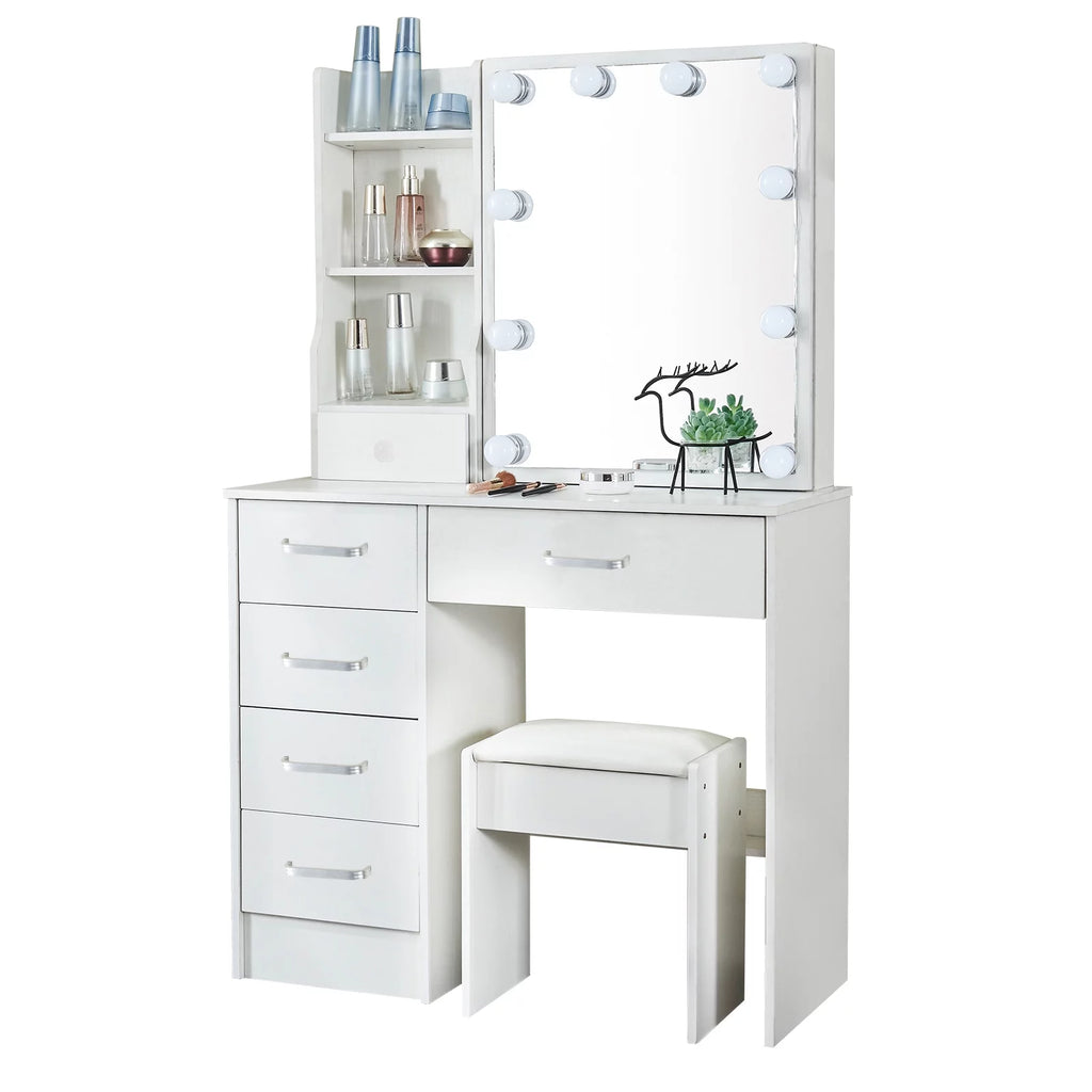 White Vanity Desk with LED Lighted Sliding Mirror and Stool T653275