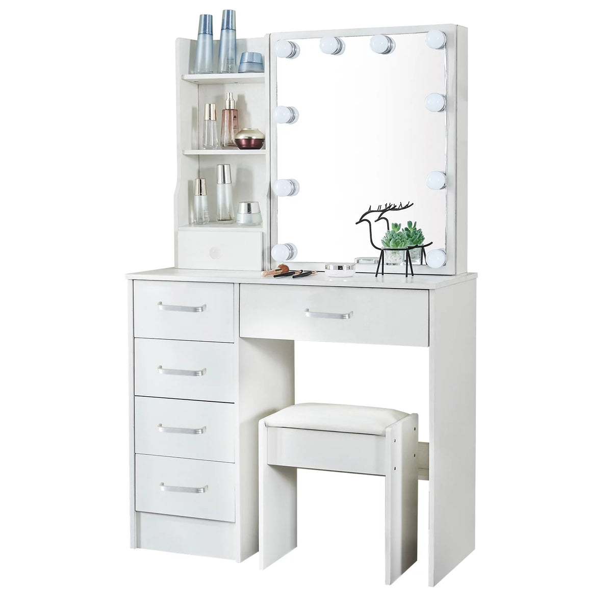 White Vanity Desk with LED Lighted Sliding Mirror and Stool T653275