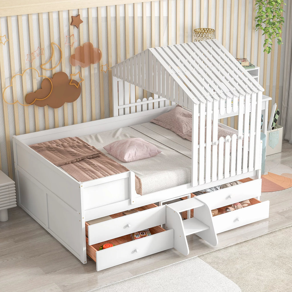 White Full Size Low Loft Bed with 4 Drawers M28242