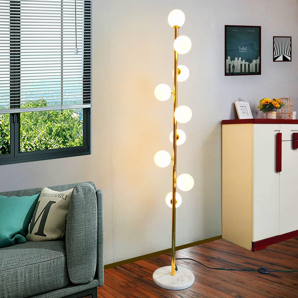 Modern Simplicity Floor Lamp with White Glass Ball Lampshade and Golden Metal Lamp Body E219182
