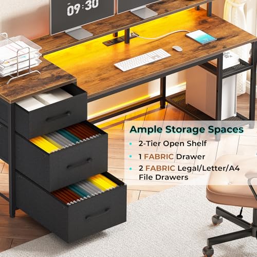 Rustic Brown Office Desk with Drawers and LED Lights S31914