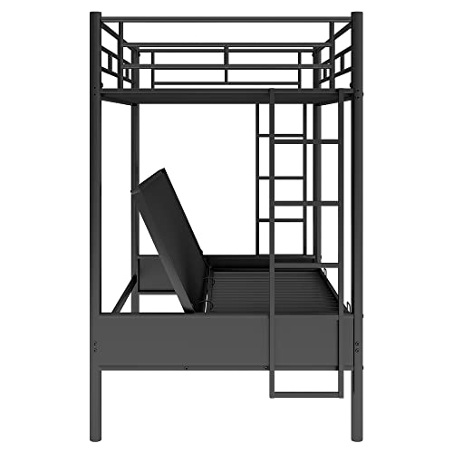 Black Metal Twin over Futon Bunk Bed with Guardrails and 2 Ladders E1937