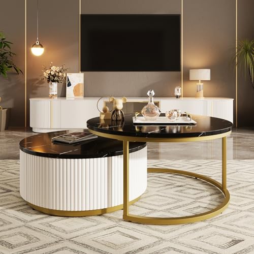 White Gold Round Nesting Coffee Table with Drawer F12299