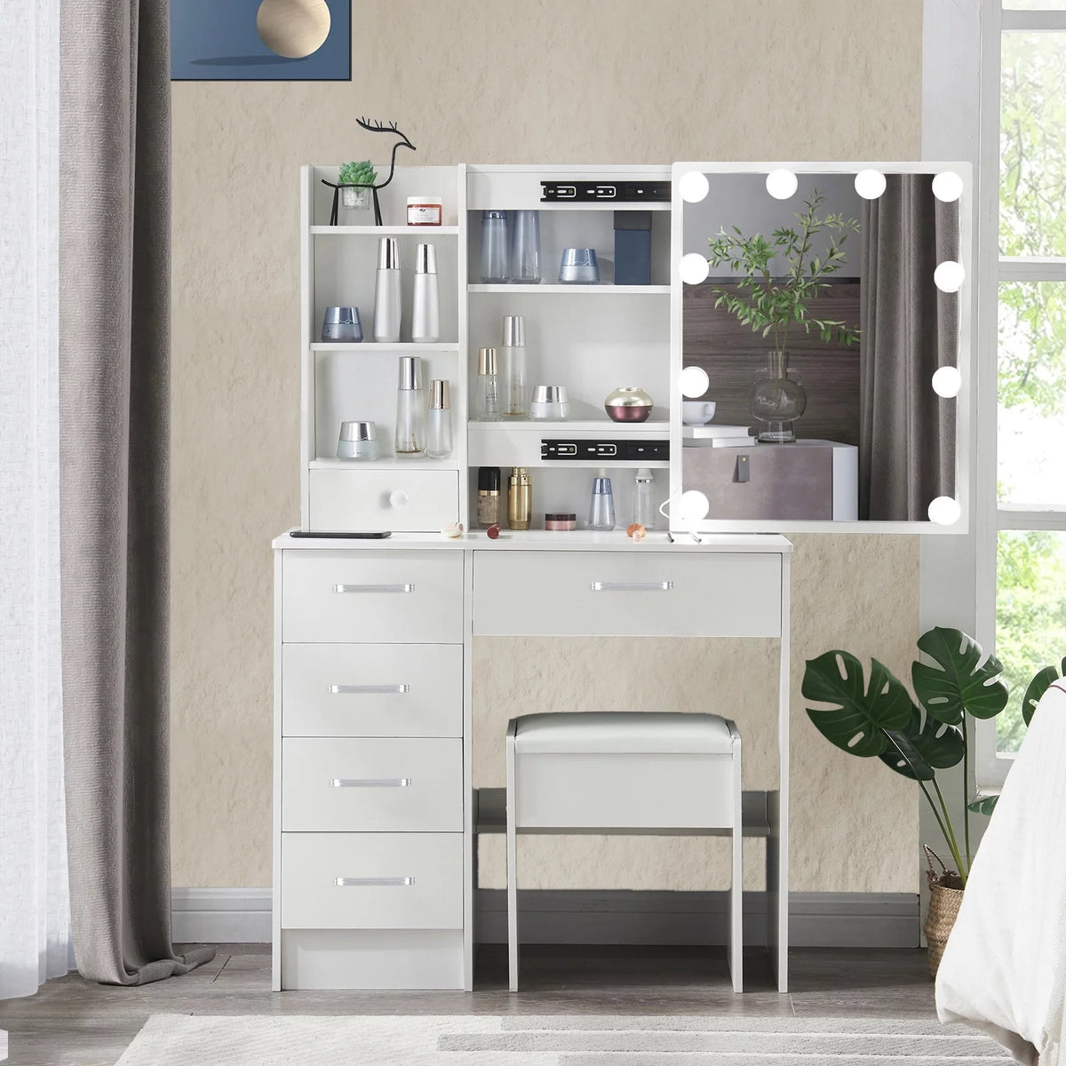 White Vanity Desk with LED Lighted Sliding Mirror and Stool T653275