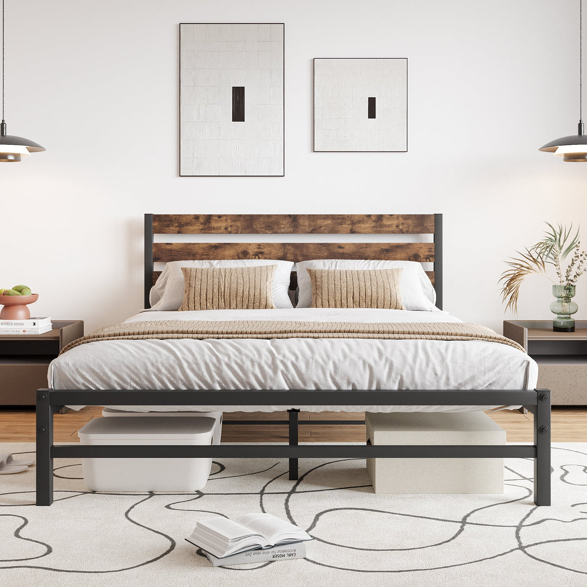 Queen Size Platform Bed Frame with Wood Headboard and Metal Slats V27302