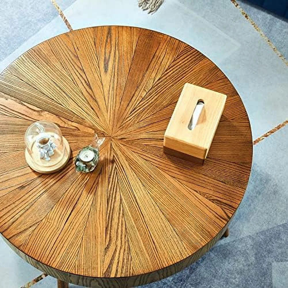 Set of 2 Round Solid Natural Oak Wood End Tables A4522