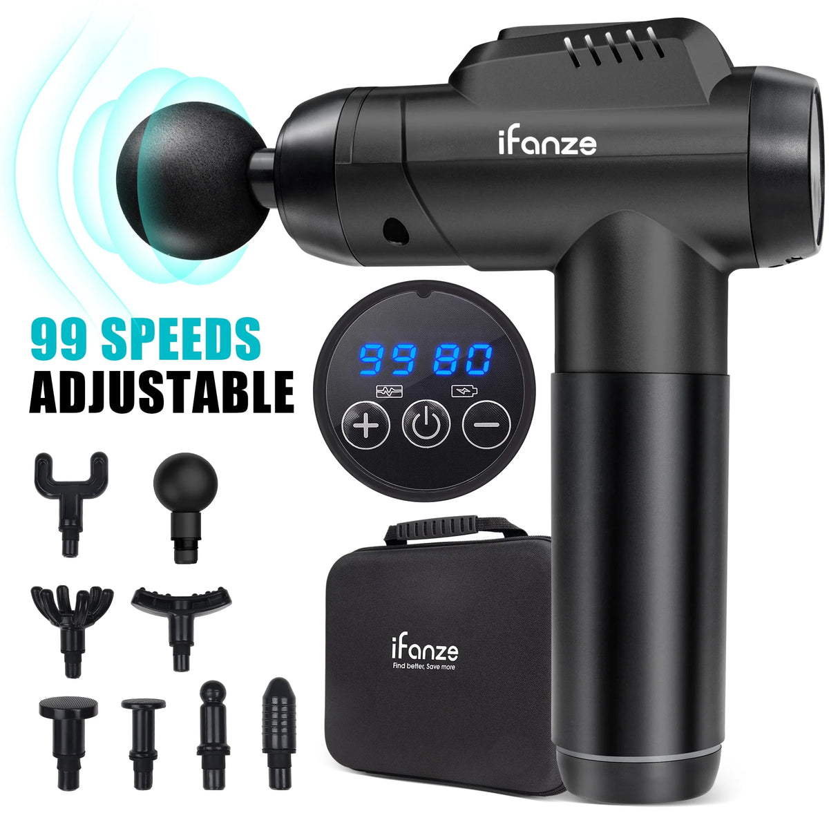 Black 99 Speeds Handheld Deep Tissue Massage Gun with 8 Replacement Heads J98396