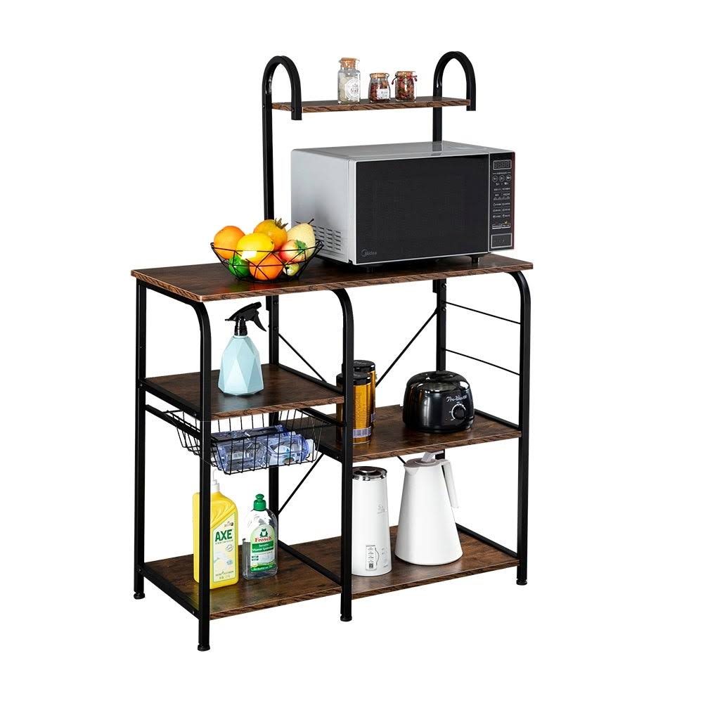 4-Tier Kitchen Baker's Rack Storage Shelf with 10 Hooks Deep Brown N273