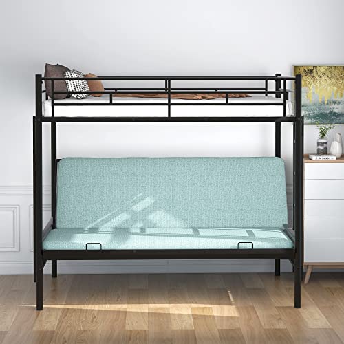 Black Metal Twin over Futon Bunk Bed with Guardrails and 2 Ladders E1937