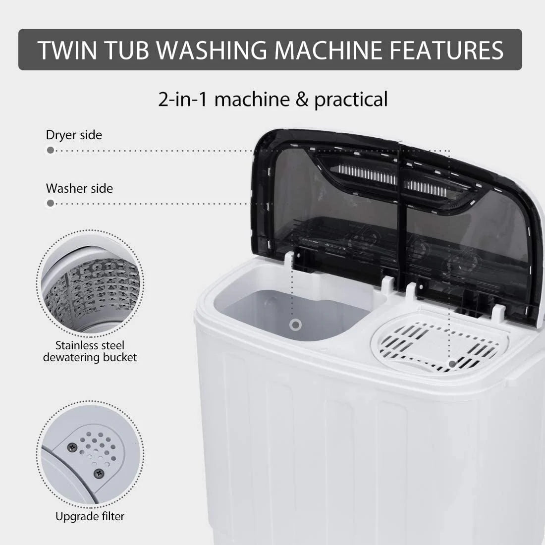 Portable Twin Tub Mini Laundry Washer and Spin Dryer Combo 13.5lbs T62343