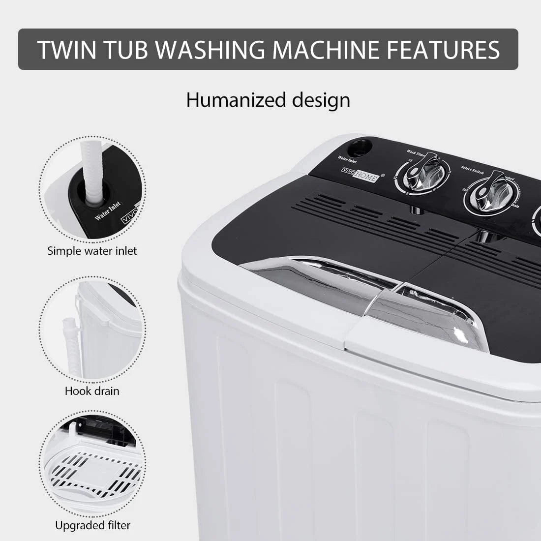 Portable Twin Tub Mini Laundry Washer and Spin Dryer Combo 13.5lbs T62343