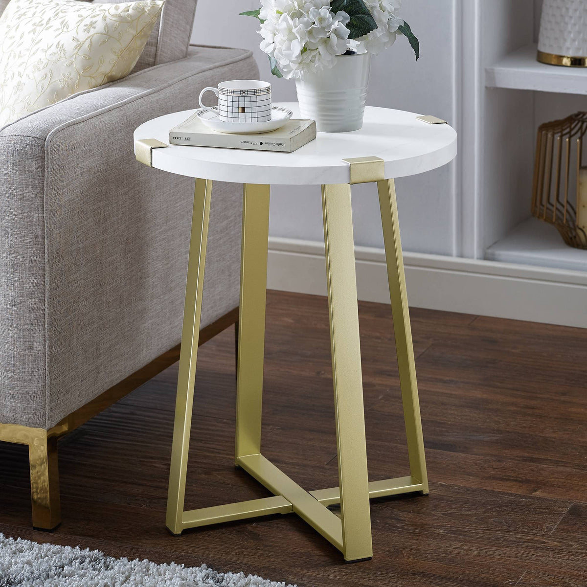 White Faux Marble Round Side Table J386304