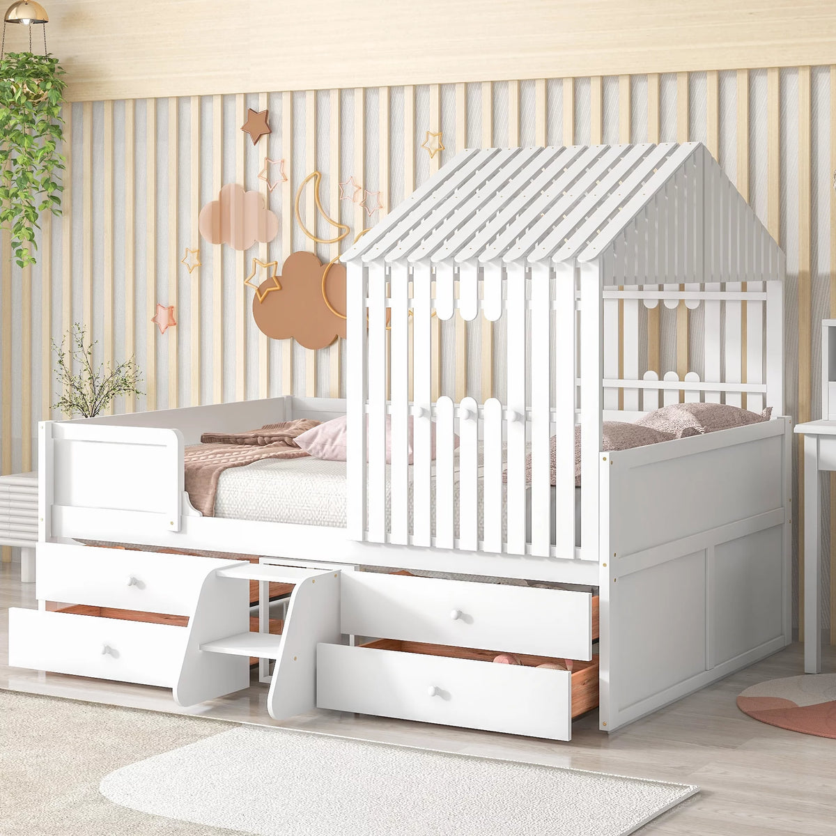 White Full Size Low Loft Bed with 4 Drawers M28242